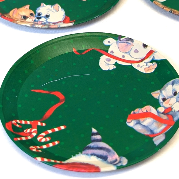 Vintage Christmas Holiday Cats & Dogs Coaster Set of 6 With Storage Tin - Metal - Picture 5 of 8